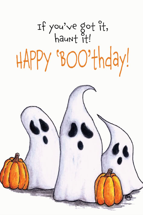 Halloween Happy Birthday Card Ghosts and Pumpkins  Greeting card is 5"x7", printed on beautiful textured linen paper and includes a high quality kraft or white envelope.  Basic: Linen card plain with no personalization & blank inside. Packaged in cello sleeve for protection.  Full Service Cards: Linen card with *personal message printed inside and the option for Edmonston Studios to direct mail the card to the receipient (hand addressed and stamped envelope). Pumpkin Birthday Card Ideas, Funny Birthday Ideas For Friends, October Birthday Card Ideas, Happy Birthday Halloween Image, Halloween Cards Diy Homemade, Halloween Card Ideas Handmade, Halloween Birthday Card Ideas, October Birthday Cards, Halloween Birthday Wishes