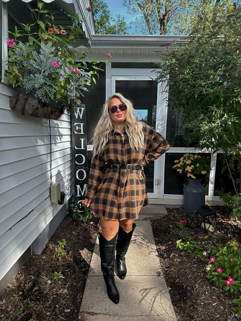 Plus Size High Boots Outfits, Plus Size Dress With Boots, Plus Size Flannel Shirt Outfits, Plus Size Thigh High Boots Outfit, Dress And Flannel Outfit, Plus Size Thigh High Boots, Winery Outfit Fall, Plus Size Thigh, Winery Outfit