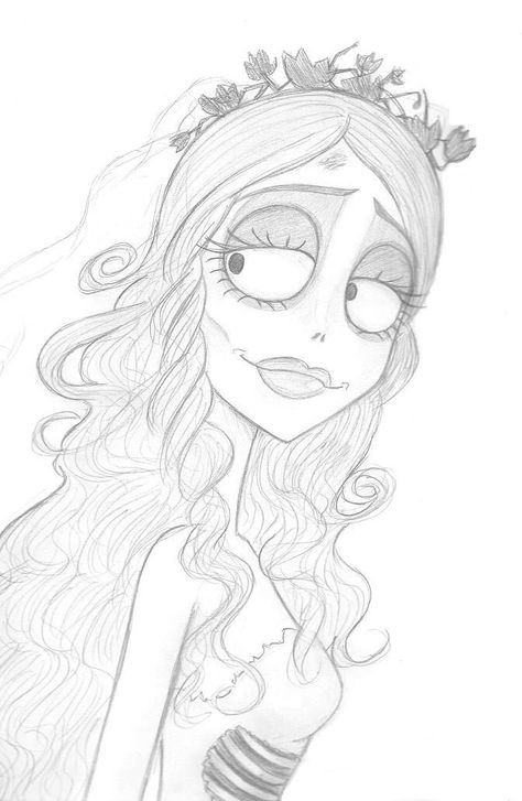 Drawing Ideas Tim Burton, Emily From Corpse Bride Drawing, Dark Disney Drawings, Corpse Bride Emily Drawing, Emily Corpse Bride Drawing, Tim Burton Painting, Tim Burton Sketches, Emily Drawing, Corpse Bride Drawing