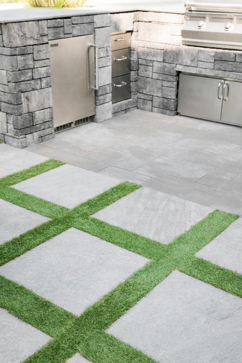 In love with the luxe look of concrete pavers with grass tucked in-between? Join the club. With the real thing comes along a list of expensive maintenance and upkeep, but all this can be avoided by going the faux grass route. We've got everything you need to know about installing artificial grass, below. Pavers Ideas, Patio Pictures, Artificial Grass Installation, Grill Station, Hgtv Dream Home, Small Outdoor Spaces, Small Patio, Artificial Grass, Outdoor Oasis