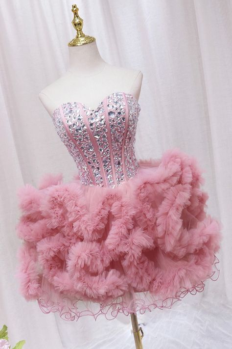 Tulle Corset Dress, Senior Hoco, Cute Party Dress, Dress With Rhinestones, Cute Dresses For Party, Engagement Dress, Pink Homecoming Dress, Pink Prom Dress, Beaded Tulle