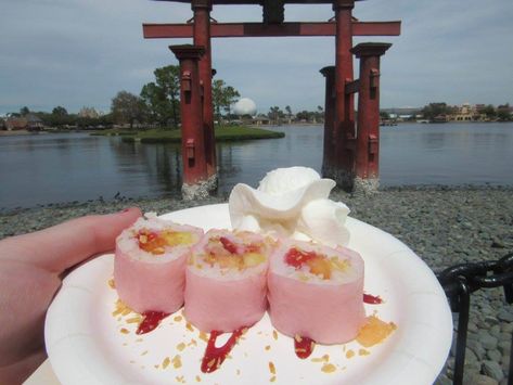 Disney Recipe: Frushi Recipe From EPCOT Flower and Garden Festival | Inside the Magic Frushi Recipe, Nemo Party Food, Holiday Florida, Fruit Sushi, Disney Themed Food, Epcot Flower And Garden Festival, Disney Dishes, Dessert Sushi, Nemo Party