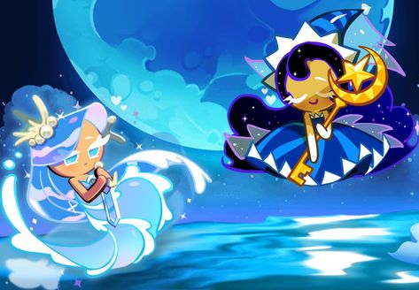 Cookie Run Kingdom Sea Fairy X Moonlight, Moonlight Cookie X Sea Fairy, Seamoon Cookie Run, Sea Fairy Cookie X Moonlight Cookie, Moonlight Cookie, Sea Fairy, Moon Cookies, Cookierun Kingdom, Cookie Kingdom