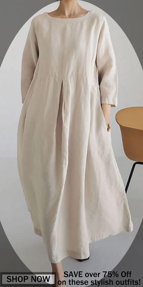 Apricot Cotton Dresses Pockets Patchwork Spring Linen Style Fashion, Knit Dress Pattern, Linen Fashion, Fashionista Clothes, Linen Maxi Dress, Muslimah Fashion, Loose Dress, Classic Dress, Pocket Dress