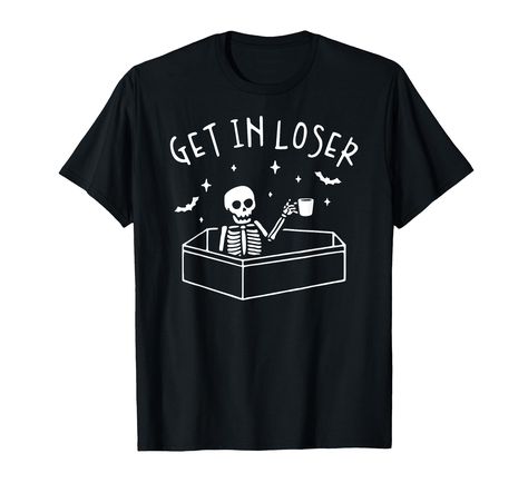 PRICES MAY VARY. For someone who loves skeleton, skull, humor, sarcasm, funny jokes, puns, irony, memes and most of all have a good laugh. A stylish and novelty design for someone with a great sense of humor. For a woke individual who loves dark humor jokes. Get In Loser Skeleton In Coffin Spooky Halloween Classic. Gang, Squads, Squads Goals, Love, Halloween, Pumpkins, Scary, Spooky, Boo, Creepy, Skull, Haunted, those who love witches, bats, ghosts, skeletons or any Halloween tee. Lightweight, C Skeleton In Coffin, Get In Loser, Halloween Shirts, T Shirt Costumes, Funny T Shirt, Casual Elegance, Spooky Halloween, Halloween Funny, Funny T