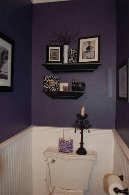 Eggplant Bathroom - Bathroom Designs - Decorating Ideas - HGTV  A little too dark (I think) for a small bathroom. But I really love the half painted idea- half white, half purple walls Eggplant Bathroom, Plum Bathroom Ideas, Dark Purple Bathroom, Plum Bathroom, Half Bathroom Decor Ideas, Deco Violet, Purple Bathroom Decor, Half Bathroom Decor, Purple Bathrooms