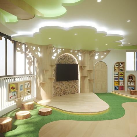 Kindergarten Interior Design Classroom, Classroom Forest Theme, Interior Design Classroom, Kindergarten Interior Design, Daycare Interior Design, Space Kindergarten, Classroom Architecture, Indoor Playground Design, Space Layout