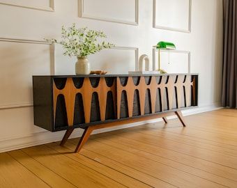 Modern Tv Console, Tall Doors, Oak Wood Stain, Tv Console Modern, Mid Century Modern Sideboard, Record Player Stand, Red Oak Wood, Vinyl Player, Vinyl Storage