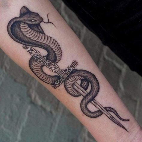 Cobra Forearm Tattoo, Snake Sleeve Tattoos For Guys, Egyptian Cobra Tattoo, Egyptian Snake Tattoo, Daggar Tattoo, Snake And Dagger Tattoo, Cobra Tattoo, Tattoo Snake, Egyptian Tattoo Sleeve