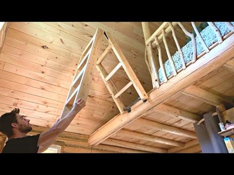 Building A Log Cabin | Ep. 61 | We made a folding ladder for the mezzanine + Canoe camping! - YouTube Loft Ladder Ideas Space Saving, Diy Mezzanine, Diy Loft Ladder, Tiny House Stairs Ideas, Log Cabin Loft, Loft Ladder Ideas, Building A Log Cabin, Loft Stairs Ideas, Tree House Playground