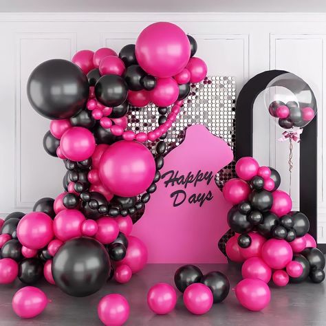 Black Balloon Arch, Pink Birthday Decorations, Hot Pink Birthday, Deco Ballon, Black Balloon, Pink Party Decorations, Balloon Chain, Pink Birthday Party, Garland Arch