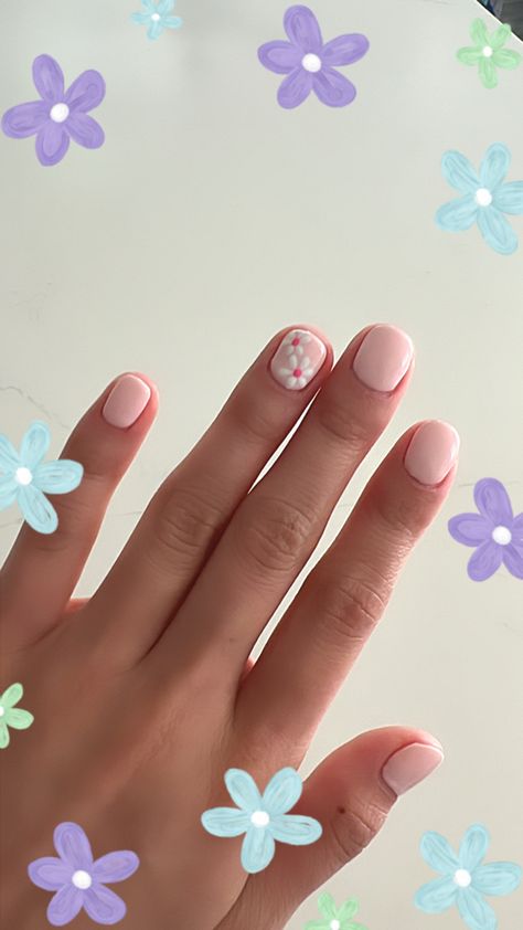 Cute Short Nails Ideas Simple Pastel, Pastel Flower Nails Short, Short Pink French Tip Nails With Flowers, Short Nail Ideas Flowers, Cute Nails For 10-12 Short, Pink Nails With Flower On Ring Finger, Cute Short Nails Flowers, Back To School Nails For Little Kids, Cute Pink Nails Simple