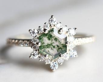 handmade everyday jewelry by threelayers on Etsy Hexagon Engagement Ring, Raw Diamond Rings, Handcrafted Engagement Ring, Gemstone Ring Silver, Colored Stone Rings, Multi Gemstone Ring, Agate Engagement Ring, Simulated Diamond Rings, Moss Agate Ring