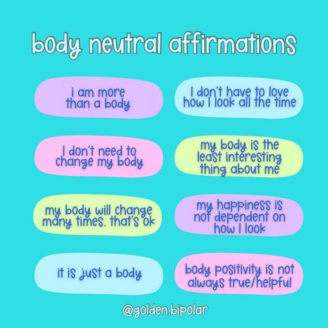 Body NEUTRAL affirmations instead of body love, because that can be toxic. Body love is not always realistic - we don't always FEEL like we love our bodies. If we shift to body neutrality, we can be more accepting of our bodies just the way they are. 🩷