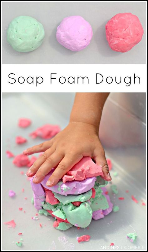 Soap foam dough - easy two ingredient sensory dough recipe for kids using soap foam from And Next Comes L Foam Dough, Sensory Play Recipes, Soap Foam, Kids Sensory Play, Sensory Dough, Recipe For Kids, Two Ingredient, Sensory Table, Diy Upcycling