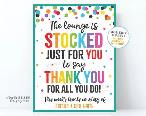 Teacher Appreciation Stock The Lounge, Stock The Lounge Printable, Stock The Lounge Ideas, Stock The Teachers Lounge, Stock The Teacher Lounge Ideas, Staff Lounge Makeover, Employee Appreciation Cards, Teachers Lounge Makeover, Teacher Appreciation Signs