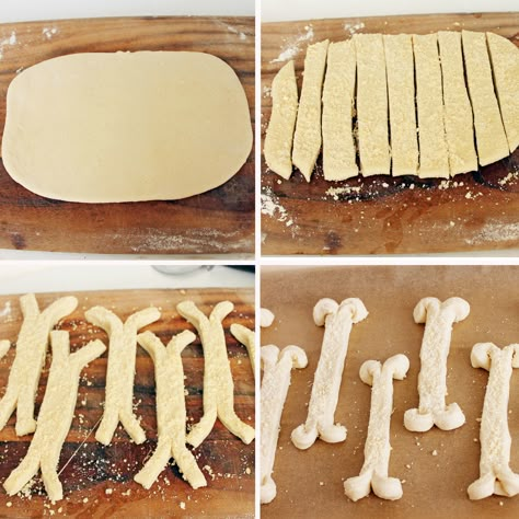 Bread Bones how to Bone Shaped Food, Bone Themed Food, Skeleton Food Ideas, Halloween Breadsticks, Bone Breadsticks, Breadstick Bones, Halloween Bread, Halloween Themed Desserts, Party Bread