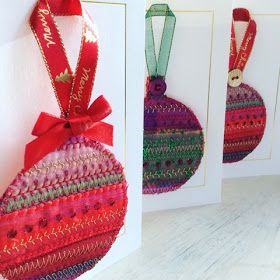 Christmas Textile Crafts, Handmade Fabric Christmas Cards, Sewing Christmas Cards, Fabric Xmas Cards, Textile Christmas Cards, Fabric Christmas Cards Handmade, Bauble Christmas Cards, Felt Christmas Cards, Applique Cards