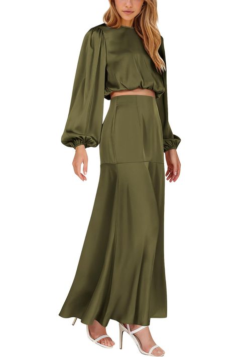 BTFBM Casual Women's 2023 Fall Two-Piece Satin Outfit - Lantern Sleeve Crop Top and Flowy Maxi Skirt Set. Versatile Fall Outfits, Flowy Outfits, Satin Outfit, Satin Outfits, Beach Outfit For Women, Flowy Maxi Skirt, Flowy Dress Long, Maxi Skirt Set, Maxi Dress Wedding Guest