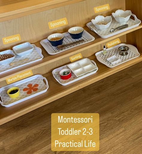 Mission Montessori | A peak at some of our toddler 2-3 practical life shelves. Care of self, care of environment, grace & courtesy & refining movement… the 💙… | Instagram Montessori Toddler Rooms Classroom, Montessori Room Ideas Preschool, Toddler Practical Life Montessori, Montessori Ideas For Toddlers, Practical Life Montessori Preschool, Montessori Shelf Ideas, Practical Life Montessori, Classroom Montessori, Toddler Montessori Activities