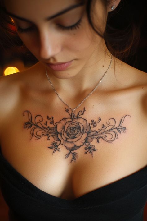 Woman with a floral chest tattoo looking down. Collarbone Chest Tattoos For Women, Large Chest Tattoos For Women, Womens Chest Piece Tattoo, Woman’s Chest Tattoo Design, Female Full Chest Tattoo, Middle Of The Chest Tattoo Women, Sternum Rose Tattoo, Chest Tattoo Ideas For Women, Womans Chest Piece Tattoo