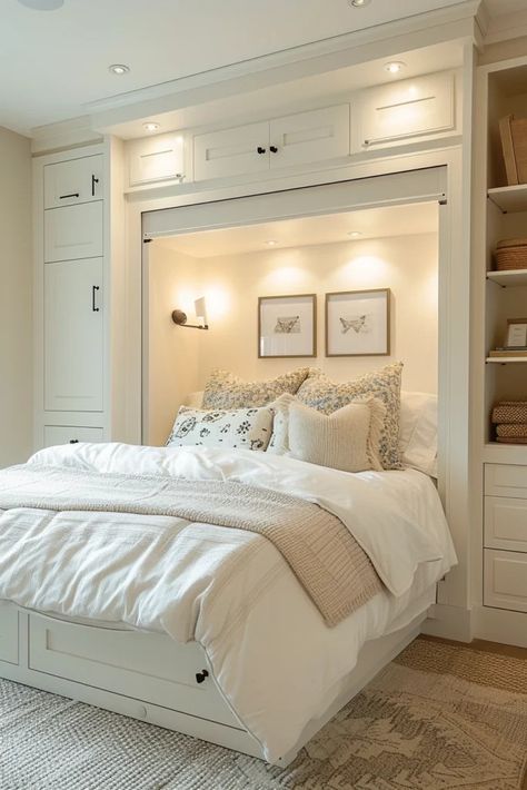 Creating a cozy and functional small bedroom can be a delightful challenge. Here are 25 ideas to transform your compact space into a comfortable haven. Let's explore the possibilities together! You'll love these 25 Small Bedroom Ideas That Maximize Coziness and Function. Small Room With Closet Ideas, Flex Bedroom Ideas, Basement Small Bedroom Ideas, Clever Bedroom Storage Ideas, Built In Cabinets Bedroom Small Spaces, Bed Space Ideas, Small Bedroom With Storage, Small Bedroom With Queen Bed, Built In Beds For Adults