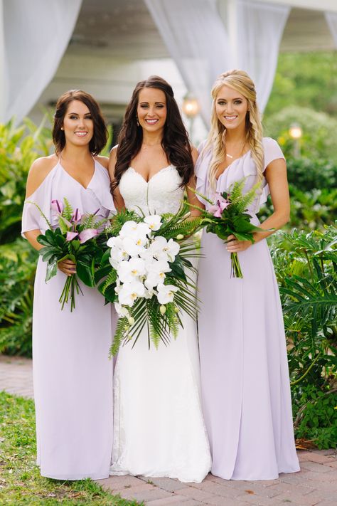 Lilac tropical wedding Lilac Tropical Wedding, Purple Tropical Wedding, Tropical Wedding Bridesmaid Dresses, Wedding Brides Maid, Hawaii Wedding Dress, Tropical Glam, Blush Bridesmaid Dresses, Luau Theme, Purple Bridesmaid Dresses