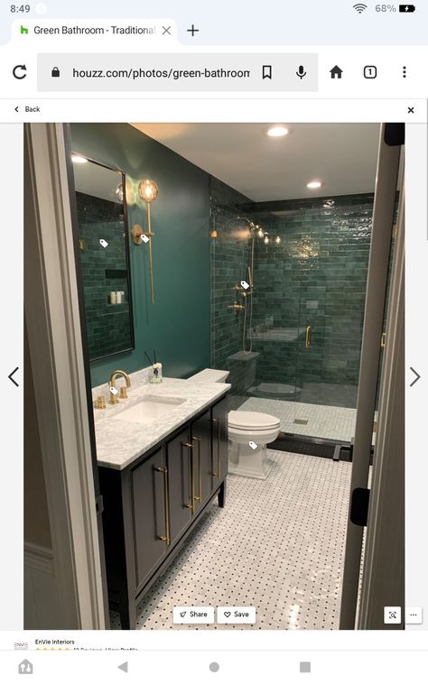 Bedrosian Chloe Green, Black Floor Green Tile Bathroom, Green Subway Tile Bathroom Ideas, Dark Green Subway Tile Bathroom, Dark Green Subway Tile, Black And Green Bathroom Ideas, Black Subway Tile Bathroom, Marble Subway Tile Bathroom, Green And Black Bathroom Ideas