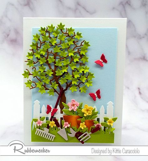 It was so much fun to create this garden tools dies card with the pretty flower pots and leafy tree.  Click thru to see how I created this cheerful scene.   Card Making Ideas | Paper Crafts | Handmade Greeting Cards | Scene Cards | Flower Cards.  Click on the picture if you would like to see how I made this card. Rubbernecker Cards, Trees With Flowers, Rubbernecker Stamps, Mother's Day Crafts For Kids, Kraft Cards, Card Making Flowers, Card Making Ideas, Spring Cards, Tree Cards