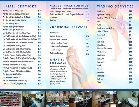 Menu of Services | Halifax Nail Salon, Manicure and Eyebrow Tinting Rainbow nails Nail Service Menu Ideas, Salon Services Menu Ideas, Nail Salon Interior Design, Nail Salon Interior, Menu Card Design, Esthetician Marketing, Waxing Services, Nail Quotes, Nail Prices