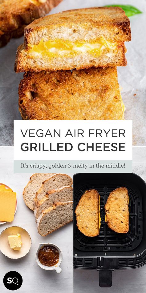 This Air Fryer Grilled Cheese has the crispiest golden exterior with a gooey, melty interior. It couldn't be easier to make either. Vegan option included! There's no sandwich that's more of a classic than grilled cheese. Since air fryers are so popular these days, I wanted to see if I could make a perfectly crispy and melty grilled cheese without a griddle or even a stove. Air Fryer Grilled Cheese | Easy Summer Recipe | Simply Quinoa Dairy Free Grilled Cheese, Grilled Cheese Recipes Easy, Vegan Air Fryer Recipes, Creative Breakfast Recipes, The Perfect Grilled Cheese, Air Fryer Grilled Cheese, Vegan Grilled Cheese, Vegan Air Fryer, Non Dairy Cheese