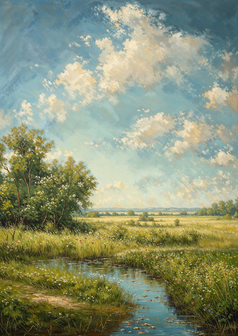 Find peace by a tranquil stream flowing through a sunny meadow with a single tree under a partly cloudy sky. Great for those who appreciate serene nature scenes. Nature Paintings Aesthetic, Field Of Dandelions Painting, Pretty Landscape Paintings, Aesthetic Nature Drawing, Stream Drawing, Serenity Aesthetic, Cloudy Sky Painting, Impressionist Paintings Landscape, Spring Oil Painting