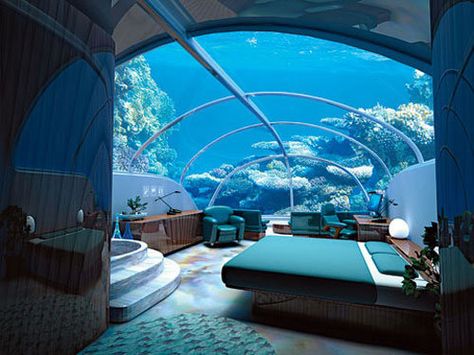 The underwater bedroom of Burj Al Arab Hotel in Dubai Poseidon Undersea Resort, Underwater Hotel Room, Fiji Hotels, Underwater Bedroom, Seaside Inn, Underwater Hotel, Fiji Resort, Unique Bedroom Design, Istanbul Hotels