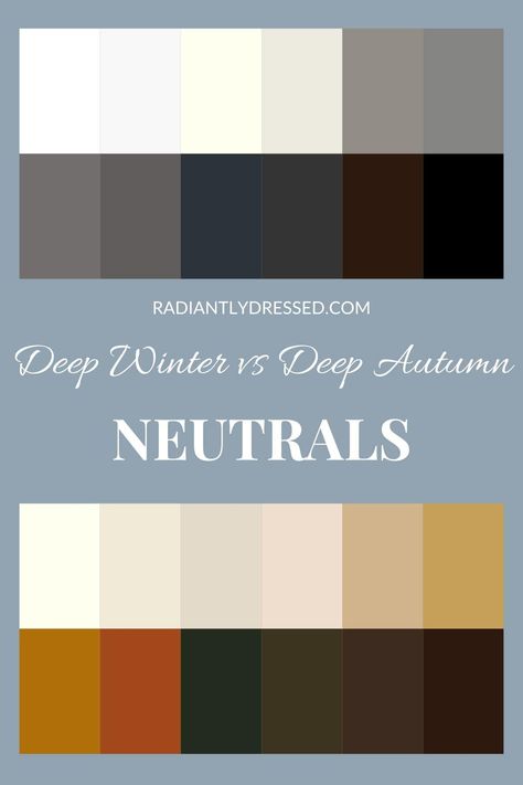 Deep Winter vs. Deep Autumn: Undertones to find your perfect match—cool blues + vivid purples for Dark Winter's icy contrast, or warm, earthy tones for Dark Autumn's rich warmth. The magenta-rust test to distinguish your true season, enhancing natural beauty. Explore contrasts + neutrals, from stark blacks + whites of Winter to Autumn's creamy ivories. Discover your color season + transform your wardrobe w/ our comprehensive guide, blending analysis w/ simple tests for a tailored, vibrant look. Dark Neutral Fashion, Deep Autumn Neutrals Color Palettes, Deep Autumn Vs True Autumn, Dark Autumn Neutral Color Palette, Deep Winter Deep Autumn, Deep Autumn Vs Deep Winter, Dark Autumn Neutrals, Deep Winter Vs Deep Autumn, Dark Winter Neutrals