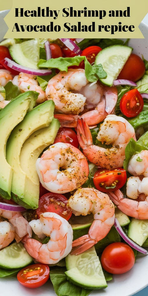 This Healthy Shrimp and Avocado Salad is a refreshing, light meal packed with protein, healthy fats, and vibrant flavors. Perfect for a quick, nutritious lunch or dinner! Prawn Avocado Salad, Healthy Shrimp Ideas, Shrimp And Avocado Recipes, Southwest Shrimp Salad, Shrimp With Vegetables, Prawn And Avocado Salad, Avocado Cucumber Salad, Shrimp Avocado Salad Recipe, High Protein Salad