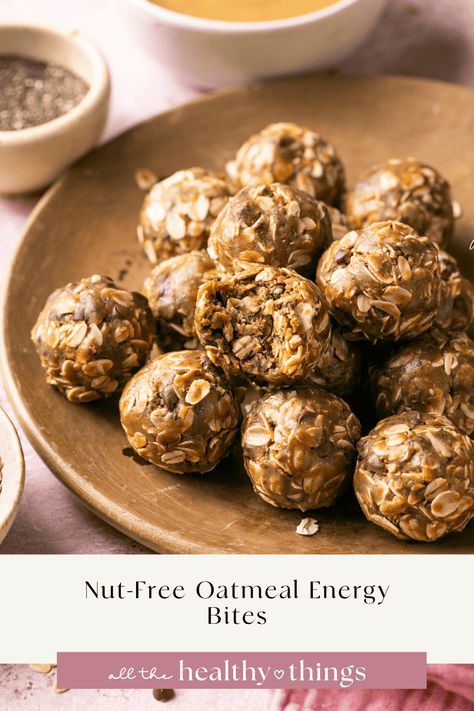 Oatmeal Energy Balls Recipe, Oatmeal Energy Balls, Oatmeal Energy Bites, Sunflower Seed Butter, Kid Friendly Meals Easy, Healthy Kid Friendly Meals, Baked Oatmeal Cups, Energy Ball Recipe, Dairy Free Chocolate Chips