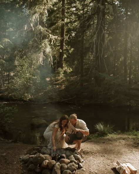 Campground vows + brats & cold ones while the pups ran wild in the woods, followed by sunset photos with her majesty, Mt Hood, glowing in the background. Manifesting elopements that look like this forever and ever Wilma may have given some problems on the way back down the mountain but this was such a fun day being creative in one of my favorite hidden places with two beautiful humans (and pups!) and I could spend every day doing this sort of thing. If you want a camping elopement of your... Camping Elopement, Oregon Aesthetic, Oregon Mountains, Mt Hood Oregon, Oregon Elopement, Woods Photography, Forever And Ever, Hidden Places, Being Creative