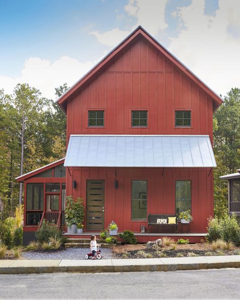 Good Porches Make Good Neighbors. Modern Farmhouse Exterior Design, Rustic Farmhouse Exterior, Farmhouse Exterior Design, Exterior Design Ideas, Tuscan Design, Barndominium Floor Plans, Small Farmhouse, Modern Farmhouse Exterior, Red House