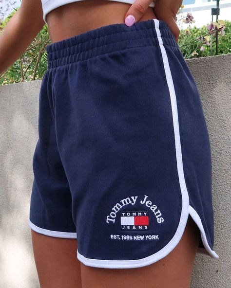 Tommy Hilfiger Shorts Women, Heritage Branding, Bold Embroidery, Denim Pinafore, Sports Shorts Women, Tommy Hilfiger Shorts, Knit Short, Striped Sleeve, Ribbed Dresses