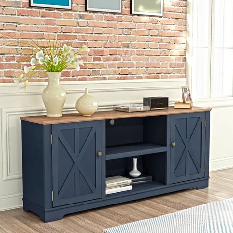 Bridport 70.08'' Media Console Navy Blue Tv Stand, Blue Tv Stand, Farmhouse Tv, Rustic Tv Stand, 160 Pounds, Farmhouse Tv Stand, Furniture Flip, Tv Stand Console, Cool Tv Stands