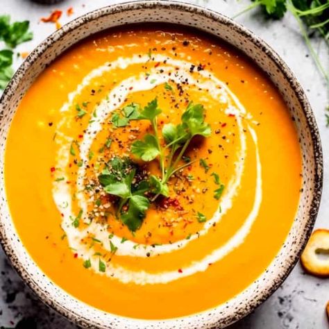 Easy Carrot and Coriander Soup - Savvy Bites Freezing Butternut Squash, Butternut Squash Sweet Potato Soup, Squash Sweet Potato Soup, Savvy Bites, Squash And Sweet Potato Soup, Butternut Squash And Sweet Potato, Butternut Squash Sweet Potato, Carrot And Coriander Soup, Soup Store