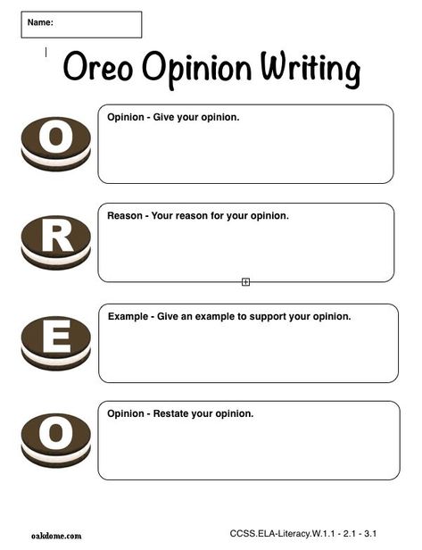 iPad Graphic Organizer - OREO Opinion Writing - Plain (iPad Pages Template): http://oakdome.com/k5/lesson-plans/iPad-lessons/ipad-common-core-graphic-organizer-oreo-opinion-writing.php: Oreo Opinion Writing, Opinion Writing Graphic Organizer, Writing Graphic Organizers, 3rd Grade Writing, 2nd Grade Writing, 1st Grade Writing, Writing Anchor Charts, 4th Grade Writing, Opinion Writing