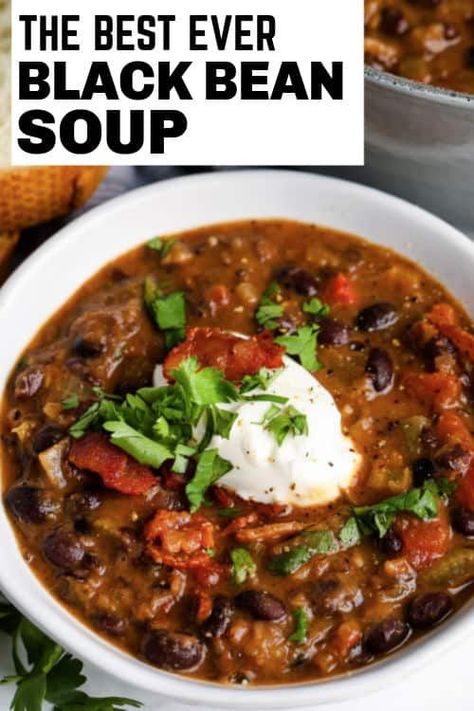 Black Bean Soup is a copycat version of the Panera soup loved by all! Enjoy a bowl of this from the comfort of your own home, topped with sour cream and cilantro! #spendwithpennies #blackbeansoup #recipe #soup #maindish #appetizer #stovetop Alkaline Soups, Panera Soup, Black Bean Soup Recipe, Recipe Soup, Bean Soup Recipe, Black Bean Recipes, Seasoned Veggies, Bean Soup Recipes, Black Bean Soup