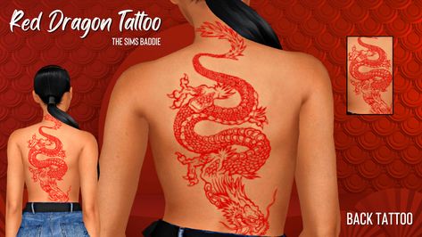 Red Dragon Back Tattoo - The Sims 4 Catalog Sims 4 Cc Full Body Tattoos, Sims 4 Red Tattoos, Sims 4 Japanese Tattoo, Sims 4 Chinese Tattoo, Tattoo Sims 4 Cc Male, Red Dragon Back Tattoo, Sims Tattoo, Sims People, Sims Baddie