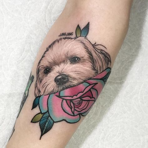 Dog and rose tattoo - pet portrait tattoo Pet Tattoo With Flowers, Rose Dog Tattoo, Dog Face Flower Tattoo, Dog Portrait Tattoo Neotraditional, Pet Portrait Tattoo Flowers, Bug Tattoo, Insect Tattoo, Tattoo Cover-up, Dog Tattoo