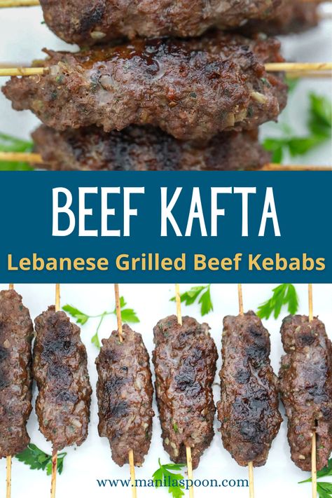 So easy to put together this Beef Kafta  (Lebanese Grilled Beef Kebabs) always comes out so tasty and moist straight from the grill! This is my family’s favorite ground beef skewers to make for summer! Perfect for any day when you fancy a delicious ground meat kebab! Ground Beef Skewers, Beef Kafta, Meat Kebab, Cucumber Yogurt Sauce, Man Recipes, Beef Kebabs, Persian Recipes, Hungry People, Beef Skewers