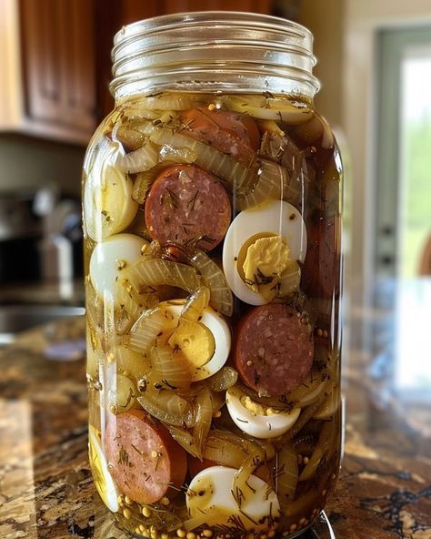 Go to fart 😂,  Pickled Kielbasa, Eggs,... - Good Ole Recipes Pickled Kielbasa Recipe, Pickled Eggs And Sausage Recipe, Pickeled Eggs, Eggs And Onions, Pickled Sausage, Dill Seeds, Cottage Meals, Garlic Mustard, Kielbasa Recipes