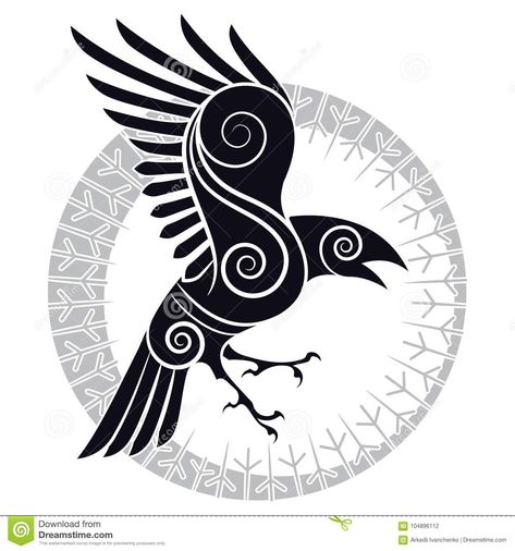 The Raven Of Odin In A Celtic Style And Design Runic Circle Stock Vector - Illustration of crow, pagan: 104896112 Raven Symbol, Crow Spirit Animal, Arte Haida, Arte Viking, Celtic Raven, Art Viking, Symbole Viking, Polynesian Tattoos, Symbol Tattoo