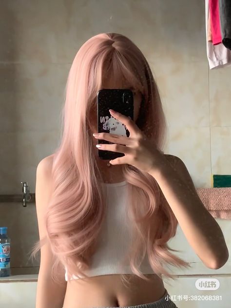 Platinum Pink Blonde Hair, Light Pink Straight Hair, Pink And Blue Hair Aesthetic, Light Pink Layered Hair, Light Pastel Pink Hair, Light Pink Long Hair, Pink Hair With Curtain Bangs, Pretty Hair Dye Ideas, Pale Pink Hair Blonde