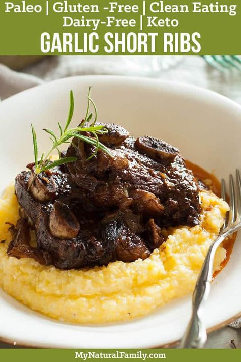 These Paleo short ribs are fall-off-the-bone tender and barely any work, yet are fancy enough for company. No one will even know or care you are serving them a healthy dinner! {Gluten-Free, Clean Eating, Dairy-Free, Keto} #paleo #paleorecipes #mynaturalfamily Paleo Ribs, Paleo Short Ribs, Advanced Recipes, Braised Short Ribs Recipe, Recipe With Garlic, Dinner Paleo, Keto Smoothie Recipes, Short Ribs Recipe, Paleo Recipe